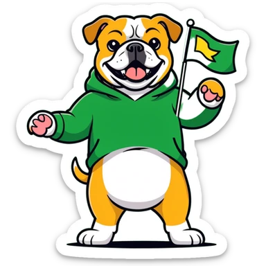 A bulldog wearing a green sweatshirt holding a little green flag sticker
