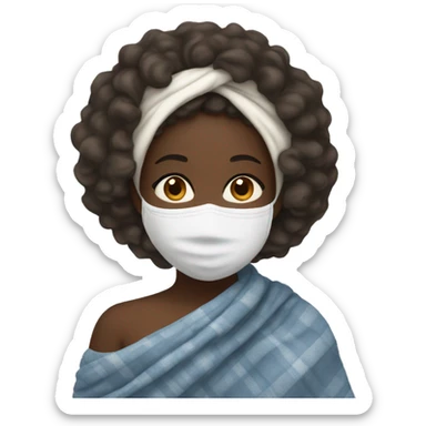 a black girl with curly hair wrapped in a blanket with a cup of tea and a white facial mask on sticker