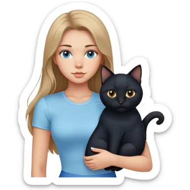 A sexy girl with long hair wearing a light blue tight short-sleeved shirt holding a black cat sticker