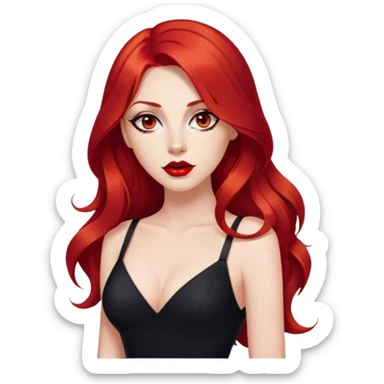 a crying woman with long red hair and red eyes. The woman wear a black little cutted dress. She have red lipstick and she have a seductive look.  sticker