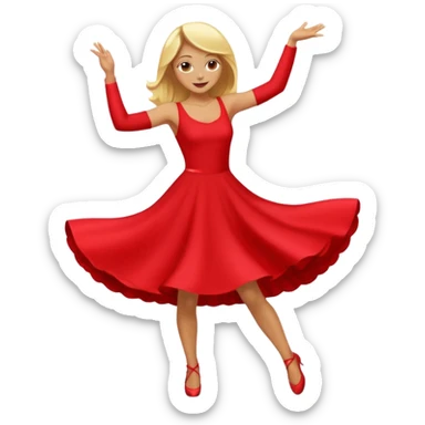 a yellow-blonde woman dancing wearing a red dress, in flat emoji / Apple style, smooth shapes, glossy highlights, bright saturated colors, simple features, minimal details, no outlines, red clothes flowing, joyful pose
 sticker