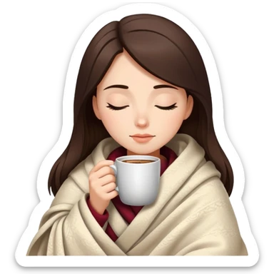 Brunette girl wrapped in cozy blanket sipping hot coffee with eyes closed sticker
