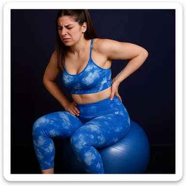 Slim woman in 4K, sitting on an exercise ball, trying to stretch her back but stopping, one hand on lumbar area and the other on hip, tense face from pain, inspired by the reference photo. sticker