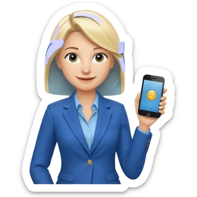 Confident and outgoing female entrepreneur, Caucasian features, shoulder-length blonde hair, big friendly smile, expressive eyes, wearing a blue blazer over a light blue blouse, holding a smartphone in one hand, waist-up, front-facing sticker