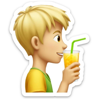 A blonde boy sucking juice with a straw while his hand is holding the drink, profile view sticker