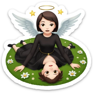 A short-haired brown demon girl lies on the grass, looking up at a flying angel in the sky."
 sticker