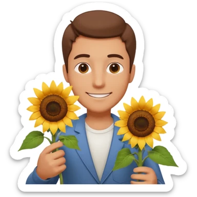 man holding a sunflower portrait, head and shoulders only, gentle smile, sunflower visible in hand, warm positive vibe, 3D cartoon style, mobile game icon style, clean background, no text, no watermark
 sticker