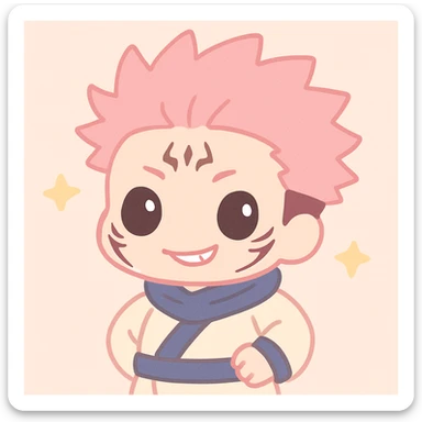 Sukuna stylized as a chibi character, mischievous grin, pink hair, anime style sticker