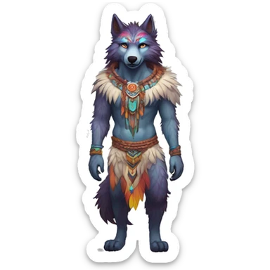 Anthro Fluffy Colorful Shy Spiritual Shamanic WereWolf-sona With Shiny Tribal Markings wearing feathers Full Body sticker