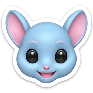 adorable pastel blue alien head, big dark eyes, wide smile, floppy pink-lined ears, kawaii minimalism sticker