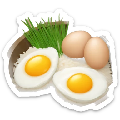 a bowl of rice with two eggs and two chicken sticker