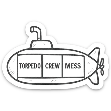 submarine floorplan, interior cutaway, labeled rooms, technical drawing, blueprint style sticker