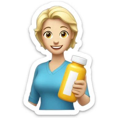 Happy blonde Mom holding pill bottle, short hair, blue shirt sticker