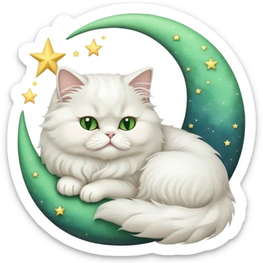 White Persian cat with green eyes sleeping on crescent moon  sticker