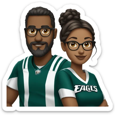 Brown skin couple in Philadelphia Eagles clothing guy has a beard and mustache girl has glasses and her hair in a bun sticker