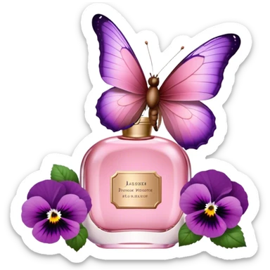 A butterfly with striking Tyrian Purple and Jasper Red wings delicately lands on a Rosewater Pink perfume bottle. Misty Rose pansies bloom softly around, creating a dreamy, romantic scene." sticker