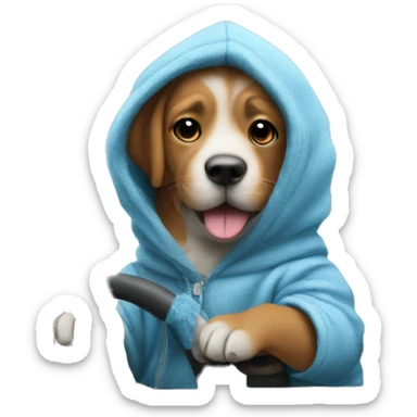 Dog wearing a hoodie driving a ca while having blue fur sticker