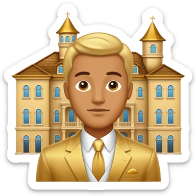 Golden man next to a gold mansion sticker