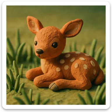fawn with spots, lying in grass, soft lighting, cute and detailed fur, claymation style sticker