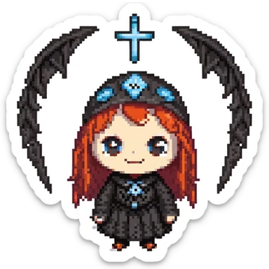 pink and black gothic phone case, big eyes, smiling, playful, cartoonish, gothic symbols sticker