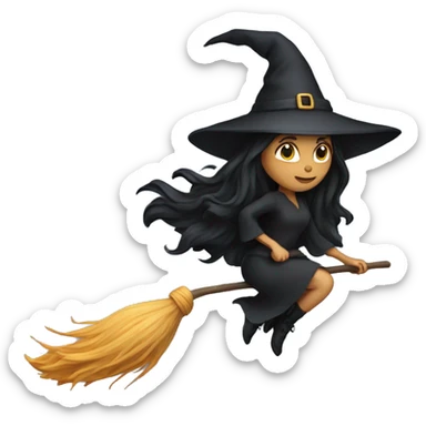 dark long hair witch flying on a broom white skin sticker