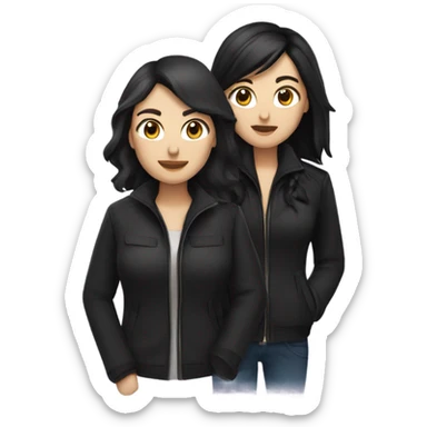 two caucassian woman with black jackets. One woman has black hair the other woman has brown hair and is slightly shorter then the woman with black hair sticker