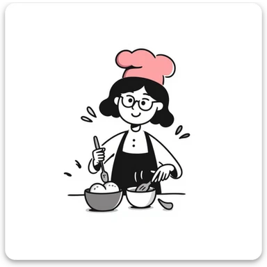 a girl with glasses and a pink kitchen hat cooking, hand-drawn doodle style sticker