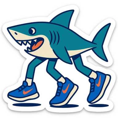 a whimsical shark with three legs, blue Nike tennis shoes on each, dynamic and sporty sticker