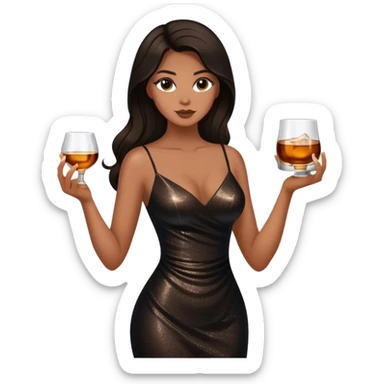 Beautiful woman in 1950’s woman fashion look, black shimmery dress, long dark brown hair, whisky with ice sticker
