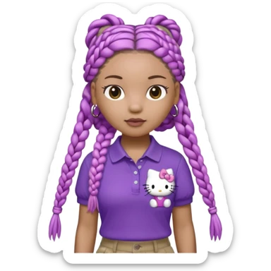 hello kitty wearing purple polo shirt and kyaki pants with long box braids sticker