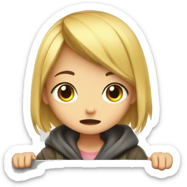 very shy anime girl holding and taking cover behind a sign sticker