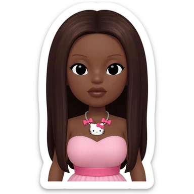 hello kitty necklace, doll eyes, Doll, big chest, dark brown skin, with middle part long dark brunette hair,  black cute eyes, pink bows with cute lips sticker