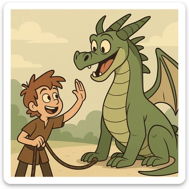 child training a friendly dragon, DreamWorks animation style sticker