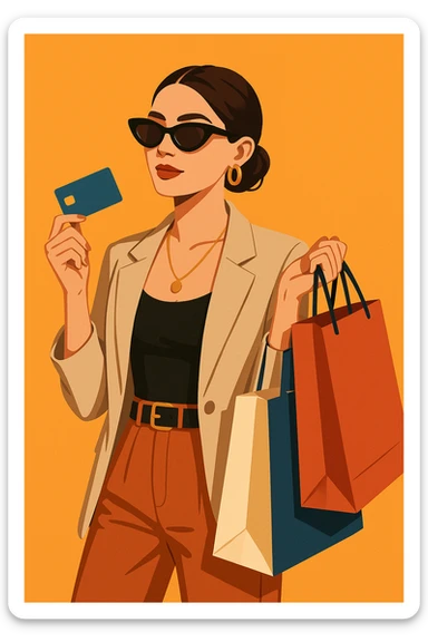 light skin woman with sunglasses, holding a credit card and shopping bags, modern illustration sticker