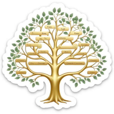 Tree of ancestral connections with ethereal, flowing branches linking generations, dreamy translucent family tree sticker