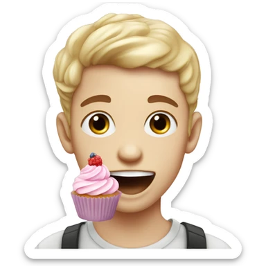 White skinned-Boy eating pastel pink cupcake with berries sticker