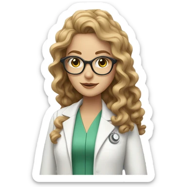 White girl with green eyes and light brown curly long hair with glasses in a dr white coat sticker