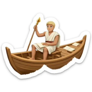 Mans op heuvel aan hetschrijven, terwijl overkant meer varen in midden van storm
In tijd van romein!
EN graag boot in romein tijd, kleine houten boot met 8 personen 
Varen meer, terwijl grote storm en golven sticker