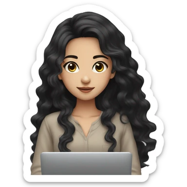 Beautiful girl,Black hair,wavy hair，long hair,Black eyes,Chinese, typing on laptop  sticker