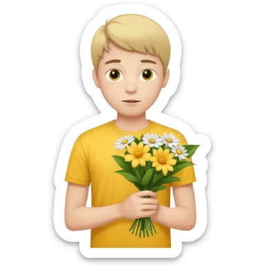 generate an ios genmoji of a 20 year old fair boy with 3 very faint upper lip  hair. should look like he cant grow a mustache., carrying a flower bouquet, wearing a yellow tshirt, looking shy sticker