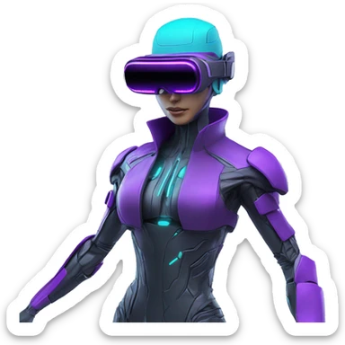 Secret humanoid agent in a futuristic hat with in Apple VR goggles headset code display on the goggles , cyberpunk, cyan and purple colors, only upper body portrait, front facing the camera  sticker