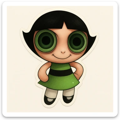 Add a creepy, wide-eyed stare and a subtle, unsettling smile to the character, maintaining the original cartoon style and quality. sticker