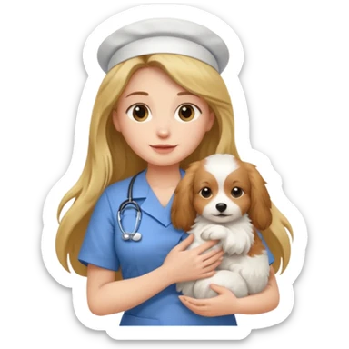 long haired nurse holding baby dog sticker
