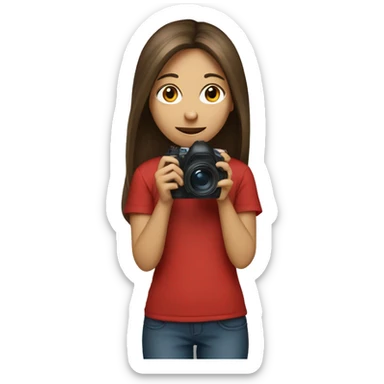 girl with brown long hair in red t-shirt holding a camera sticker
