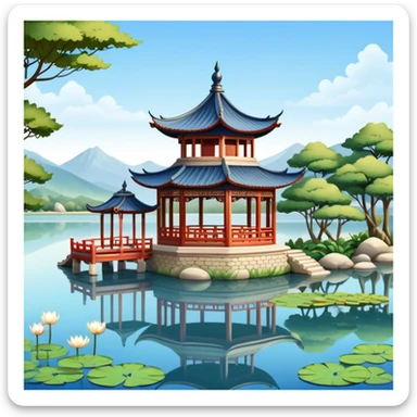Traditional Chinese pavilion near a peaceful lake sticker