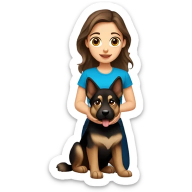Brown hair girl with blue eyes holding German shepherd dog sticker