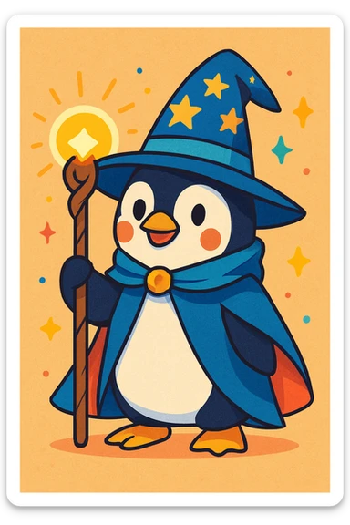 a penguin dressed as a wizard, with a pointy hat and a magic staff, fun whimsical style, colorful vibrant toon illustration sticker
