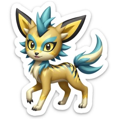 Shiny tropical exciting earthly madly feral 4-legged Feral Lightning-patterned Zig-zagged buzzy fuzzy Meloetta-Renamon-Zeraora-Luxray-Cobalion-Suicune-Vernid-fusion-hybrid-creature, full body  sticker