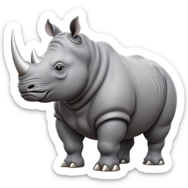 cinematic-rhino-full-body-standing-emoji,slate grey skin -massive-body-poised-powerfully,-thick-horn-curving-slightly-forward,-head-tilted-dramatically,-rough-grey-hide-covered-in-dust,-simplified-focused-features, sticker