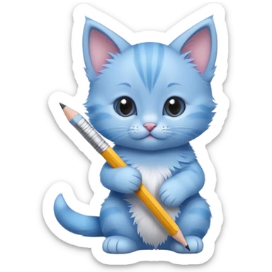 Close-up of a cute blue kitten holding a pencil in its paw, writing something. The pencil is sharpened on only one side. Minimalist design with a focus on the kitten and the pencil, minimal details sticker